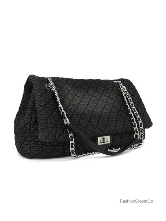 Handbags - Extra Large Quilted Denim Hobo Bag with Chain Straps and Flap Closure for Travel